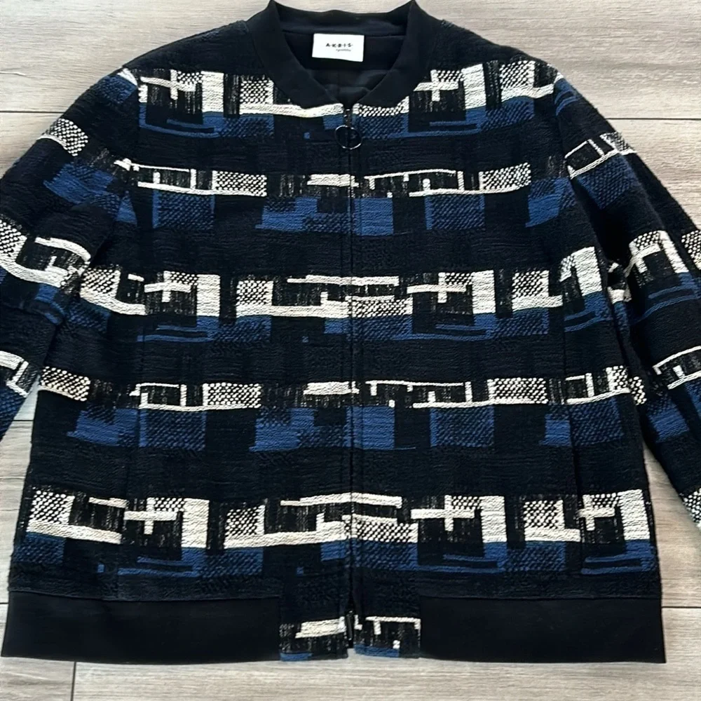 AKRIS Punto Size 10 blue black white modern tweed zip up jacket